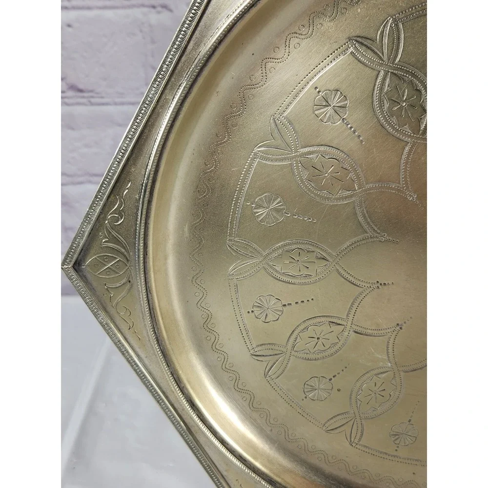 Super Rare Brass Steel Octogan Tray Signed Inscribed. Great Find!